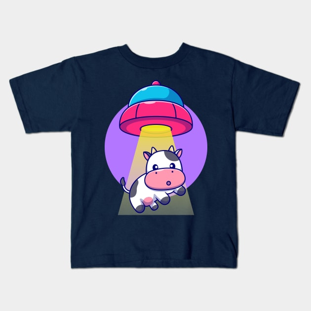 Cute Cow Sucked In UFO Spacecraft Cartoon Kids T-Shirt by Catalyst Labs